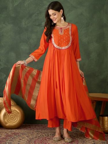 Image of Naixa Women's Chanderi Embroidered Flared Kurta with Pant and Dupatta Sets (NX-762)