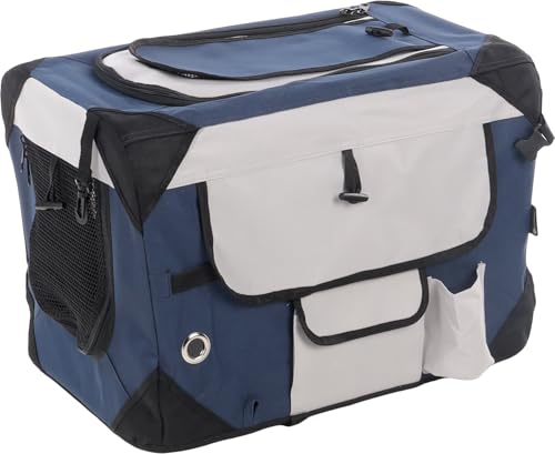 Flamingo Transportkäfig Geronimo blau 35x49,5x35cm - Verstärkter und Faltbarer Rahmen - Herausnehmbarer Boden - Aufrollbare Vorhänge, 3 Staufächer und mit Möglichkeit für eine Trinkflasche