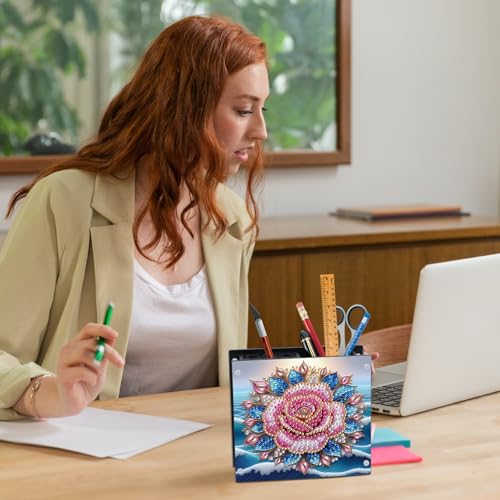 Image of DIY 5D Diamond Painting Pen Holder Set - Floral Pencil Holder Craft Kit for Desk, Decorative Diamond Art Organizer for School, Office, and Home