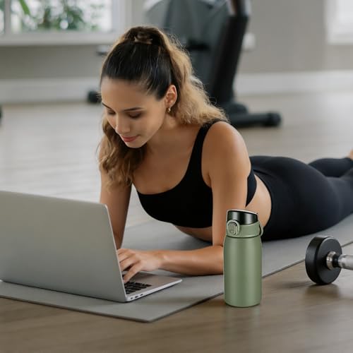 Image of Insulated Water Bottle 12 oz with Dustproof Lid, Carry Handle & Tea Infuser, BPA-Free & Leakproof, Stainless Steel Water Bottles Ideal for Fitness, Hiking, Office & Outdoor Use (Olive Green )