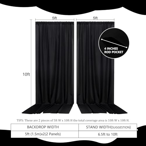 Image of 2 Panels Black Backdrop Curtain, 10 x 10 Feet Polyester Background Curtains for Parties, Weddings, Baby Showers, Halloween, Christmas, Birthday Party Photoshoot Backdrop Curtains Decorations