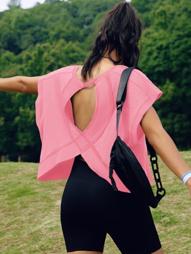 Image of SENSERISE Womens Open Back Workout Tops Backless Short Sleeve Athletic Shirt Running Crop Top Gym Yoga Tee