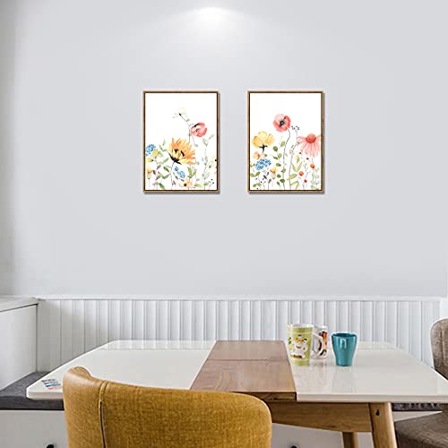 Flowers Canvas Prints Wall Art Decor Watercolor Modern Artwork Yellow White Red Wildflower Pictures 2 Panels Wood Grain Framed Floral Paintings For Bathroom Living Room Bedroom Office Kitchen 12"X 16" #TOP4