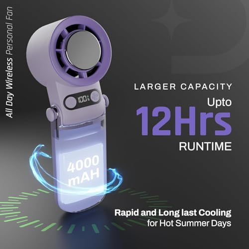 Image of Domestica Flo Hand Fan Rechargeable | 20000 RPM with IcyTouch | 4,000 mAh Battery [Up to 12H] | 3-in-1 Hand, Neck & Desk Fan | Portable & 180 Foldable Design | For Travel, Office, Makeup(Moon Berry)
