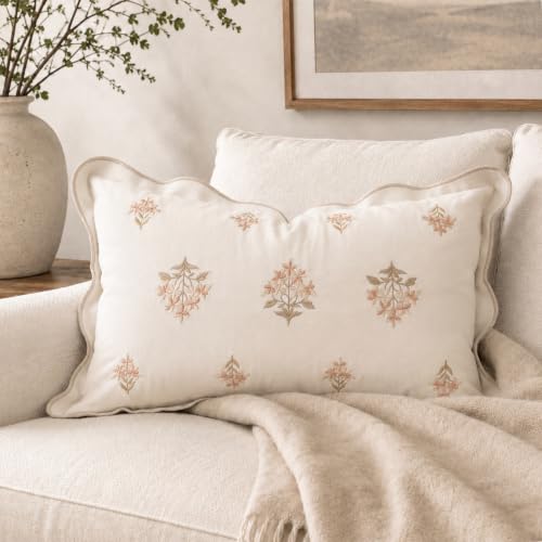 BlissBlush Lumbar Pillow Cover 12x20, Cream White Velvet Decorative Lumbar Pillow Cover, Ivory Floral Accent Cushion Cover with Embroidery and Scalloped Edge for Couch Sofa Bed, Cover ONLY