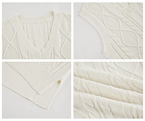 Sweater Vest For Women V Neck Sleeveless Knit Solid Casual Ribbed Preppy Pullover Tops White #TOP4