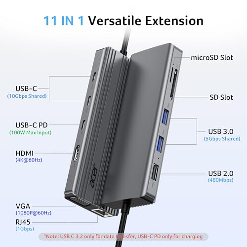 Image of Acer 11 in 1 USB C HUB Multiport Adapter with 4K@60Hz HDMI, 2x10Gbps USB C, 2x5Gbps USB A, 100W PD Port, 1000Mbps Ethernet, 1080P VGA, SD /TF, Laptop Docking Station Dual Monitor for PC, Desktop