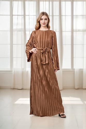 Image of Pluto & Fox Women's Crew Neck Plisse Maxi Dress Long Sleevele Flared Cuffs Belted Pleated Party Cocktail Wedding Guest Dress