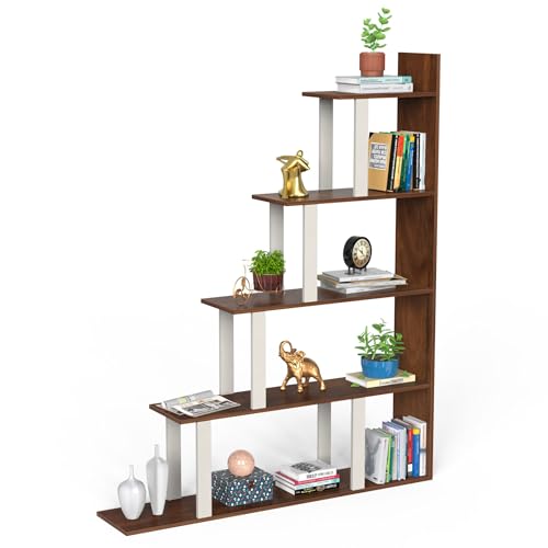 Image of BLUEWUD Wolabey Engineered Wood Ladder Style Bookshelf Cabinet Book Rack Organizer with Shelves for Decor Display, Cabinet Wall Floor Standing for Home (Brown Maple & White)