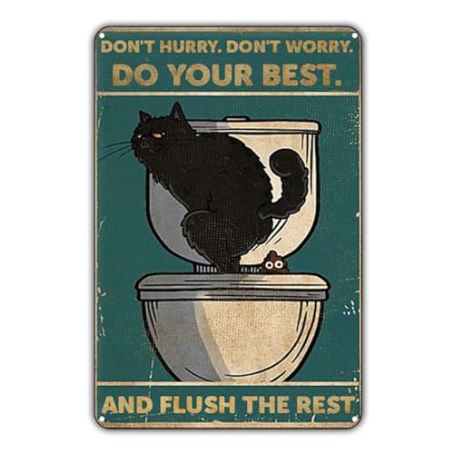 KONFEN Cartel de Chapa Gato Retro, Caca de Gato Cartel de Metal Póster Tin Sign Wall Decor, Letrero Artístico de Metal para Cuarto de Baño Aseo Puerta Casa Cafetería para Cat Lovers 12 x 8 Pulgadas