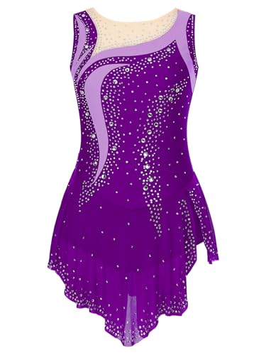 Alvivi Vestido de Patinaje Artístico Danza Maillot Competición para Mujer sin Mangas con Pedrerías Coloridos Maillot con Falda Ballet Vestido de Baile Latino Morado S