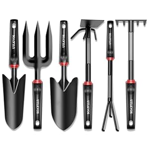 UTLKVOS Gardening Tools Set, 6 Pieces Heavy Duty Rust-Proof Gardening Tool Kit, Ergonomic Soft Rubber Handles, Includes Trowels, Rakes, Weeding Tool, and Hand Fork for Digging, Planting, Weeding