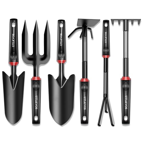 UTLKVOS Gardening Tools Set, 6 Pieces Heavy Duty Rust-Proof Gardening Tool Kit, Ergonomic Soft Rubber Handles, Includes Trowels, Rakes, Weeding Tool, and Hand Fork for Digging, Planting, Weeding