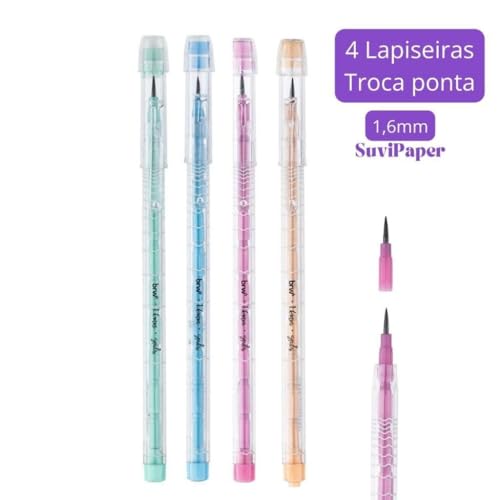 Kit Lapiseira Troca Ponta 4 Unidades com Borracha na Tampa Tom Pastel Escrita 1.6mm Escolar