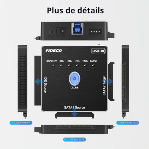 FIDECO IDE/USB 3.0 Adaptateur Disque Dur pour 2.5" ou 3.5" HDD/SSD, Convertisseur SATA et IDE, Prise en Charge du Clonage Hors Ligne – vue 7