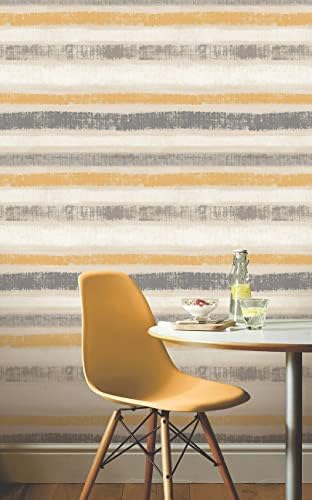 Arthouse Painted Stripe Yellow & Grey Ochre Wallpaper - Horizontal Stripe with Hand Painted Finish - Mica Shine & Metallic Detail with a Fine Textured Embossed Finish - Contemporary Design 610604