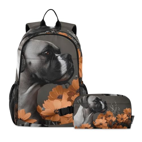 Travel Backpack Lunch Bag Set for Hiking Picnic, Backpacks with Insulated Lunch Box Boxer Dog Floral Print