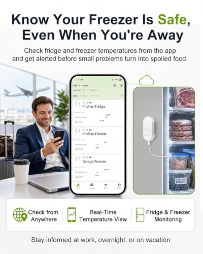Image of MOCREO WiFi Refrigerator Thermometer with Freezer Alarm, App Email Buzzer Alerts, Power Outage Alert, Pass-Through Outlet Hub, 2 Sensors, Ultra-Flat Probe, Remote Temperature Monitor for Home Kitchen