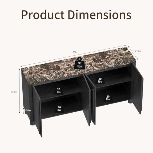 Image of 65 inch Sideboard Buffet Cabinet with Storage, Wood Grain Top Credenza with Adjustable Shelves, Curved Accent Cabinet with Round Legs for Dining Room, Living Room, Entryway, Coffee Bar, Black Grey