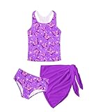 kids4ever Mädchen Tankini Dreiteilig Schöne Lila Schmetterling Druck Bikinis für Mädchen Hawaii Urlaub Bademode für Kinder mit Rock Sommer Mode 8-9 Jahre