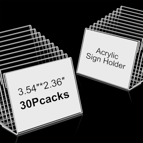 Image of Clear Acrylic Display Stand 30 Pack, 9x6cm L Shaped Sign Holder for Table, Price Tag, Name Card, Menu, Buffet Food Label, Desk Label, Retail, Wedding, Transparent Tabletop Place Card Holder