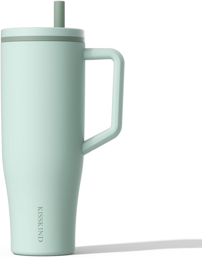 KISSKIND 40 oz Tumbler with Handle and Straw Lid, 100% Leakproof Stainless Steel Vacuum Insulated Cup Travel Coffee Mug Water Bottle, Car Cup Holder Friendly, Rubber Base, Gifts for Women Men (Tea) 40 oz Leakproof 3.0 Tea