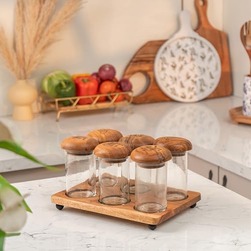 Image of Zest Storage Jar Set, Set of 6 | Glass & Acacia Wood