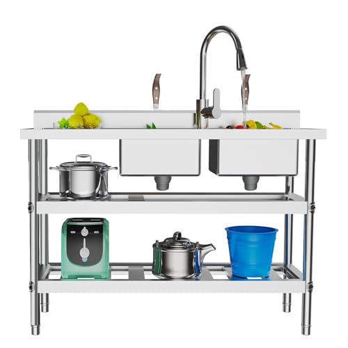 Stainless Steel Commercial 2 Compartment Sink, Free Standing Utility Sink with Pull-out Faucet, Adjustable Three-Tier Design for Restaurant, Garage, Shop, Outdoor Use - 47.24'' x 17.72'' x 31.5''