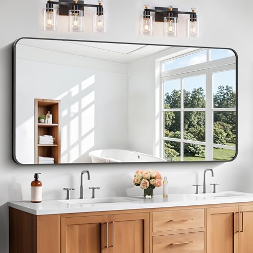 Image of Bathroom Mirror, 60 x 30 inch Black Rectangle Wall Mirror, Metal Frame Rounded Corner Vanity Mirror, Large Wall Mounted Mirrors for Over Sink Bedroom Living Room Horizontal Or Vertical Mounting
