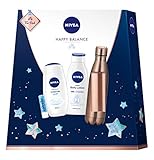 Praktischer Lieferumfang – NIVEA Happy Balance Set mit roségoldener Trinkflasche, Express Body Lotion (250 ml), Pflegedusche Creme Soft (250 ml), Labello Hydro Care (4,8 g), Artikelnr. 91585