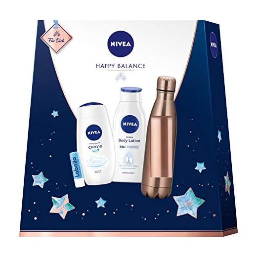 Nivea Happy Balance - Set de regalo con botella, loción corporal, gel de cuidado para la ducha y barra de Labello, un pequeño agradecimiento lleno de momentos de bienestar