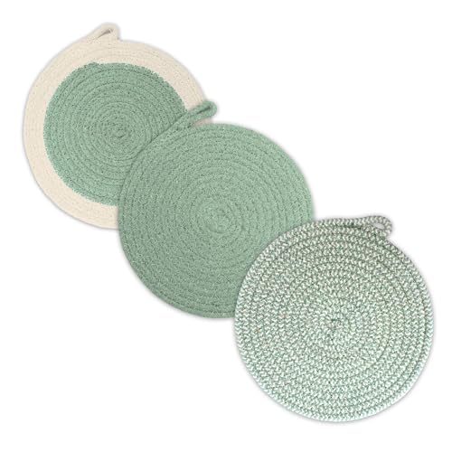 Encasa XO Sottopentola Rotondo Per Piatti Caldi Con Asola Per Appendere | Sage Combo - Set di 3 Con Diametro di 18 cm | Cotone Rotondo Spesso Resistente al Calore | Uso Per Pentole & Padelle Calde
