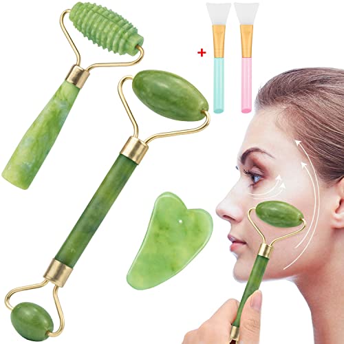 EAONE 5 in 1 Jade Roller Eyes Facial Massage Kit Skin Roller, Including 1Pc Double Head Jade Roller, 1Pc Single Head Jade Roller, 1Pc Gua Sha Tool, 2Pcs Face Mask Brush for Face Eyeball Neck Massage