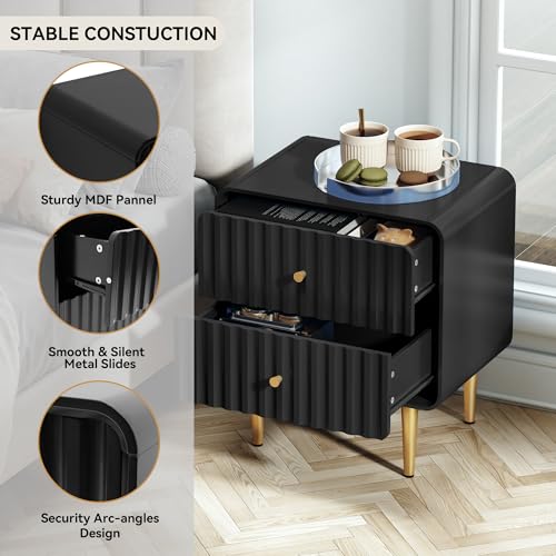 Image of HLR Modern Nightstand, Fluted Bedside Table with 2 Drawers Storage, Black