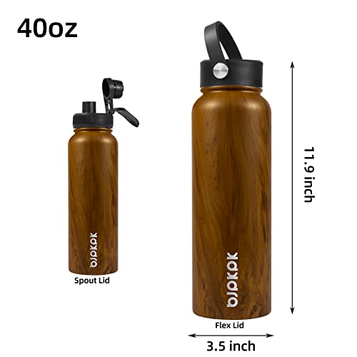 Bjpkpk Insulated Water Bottles With Straw Lid, 40Oz Large Water Bottle, Stainless Steel Metal Water Bottle With 3 Lids, Reusable Thermos Bottle, Cold & Hot Water Bottle For Sports, Gym-Teakwood #TOP1