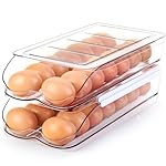 Egg Holder for Fridge, Automatic Rolling Egg Container for Refrigerator, Stackable Fridge Organizers and Storage with Lid, Clear Plastic Egg Dispenser & Tray (2 Tier)