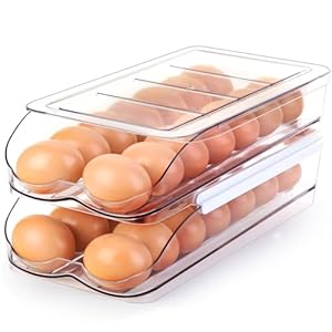 Egg Holder for Fridge, Automatic Rolling Egg Container for Refrigerator, Stackable Fridge Organizers and Storage with Lid, Clear Plastic Egg Dispenser & Tray (2 Tier)