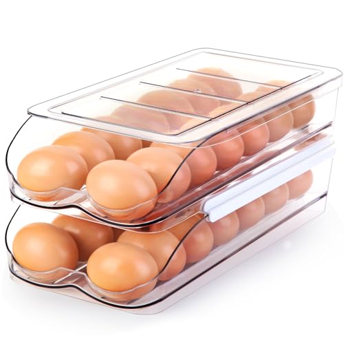 Egg Holder for Fridge, Automatic Rolling Egg Container for Refrigerator, Stackable Fridge Organizers and Storage with Lid, Clear Plastic Egg Dispenser & Tray (2 Tier)