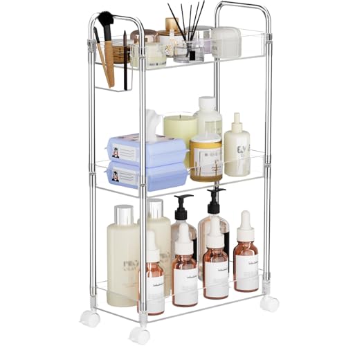 SPACEKEEPER 3 Tier Acrylic Storage Rolling Cart Clear Bathroom Cart Organizer Transparency Laundry Room Organization Mobile Shelving Unit Multifunction Rolling Utility Cart for Office Living Room