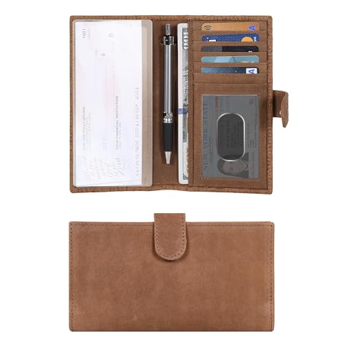 Image of Oak Leathers Checkbook Cover Slim Minimalist For Men with RFID Blocking Credit Card Holder Wallet (Vintage Cognac)