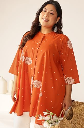 Image of Janasya Women's Plus Size Pure Cotton Floral Printed A-line Tunic