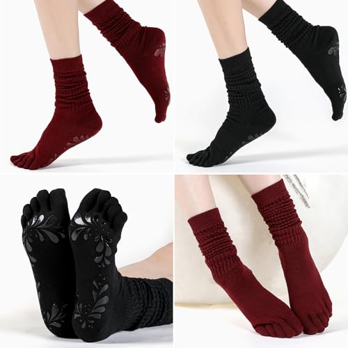 Image of Long Pilates Toe Socks for Women with Grips, Non-Slip Sticky Yoga Socks for Barre, Dance, Pilates Gifts (2 Pairs，Red /Black)