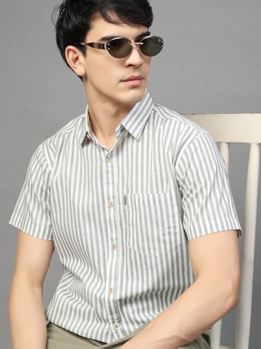 Image of Majestic Man Men's Pure Cotton Striped Half Sleeve Regular Fit Shirt
