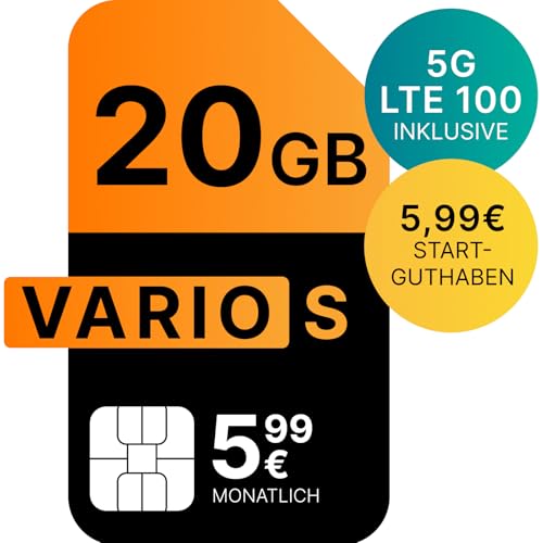 Vario S | 20 GB | 5,99 EUR/Mon. | Startguthaben 5,99 EUR | LTE 100 im Vodafone 5G-Netz | Telefon- SMS-Flat | EU-Roaming | 24 Mon. Laufzeit (Versand per E-Mail)