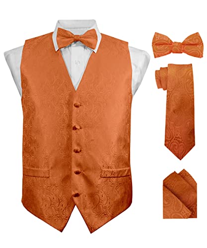 Formal Paisley Satin Suit Vest for Men Set of 4 - Vest, Tie, Bow Tie & Pocket Square (Black Back)
