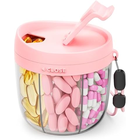 AMOOS Cute Pill Dispenser with 7 Large Compartments, Portable Pill Bottle Organizer with Wide Opening for Easy Use, Anti-Mix Pill Organizer for Travel, BPA-Free Pill Container, Pink Cover