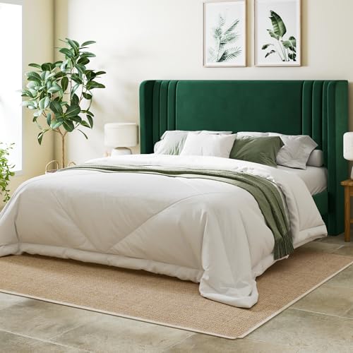 Allewie Queen Size Velvet Platform Bed Frame with Vertical Tufted Wingback Headboard Easy Assembly Under Bed Storage No Box Spring Required Modern Style Green