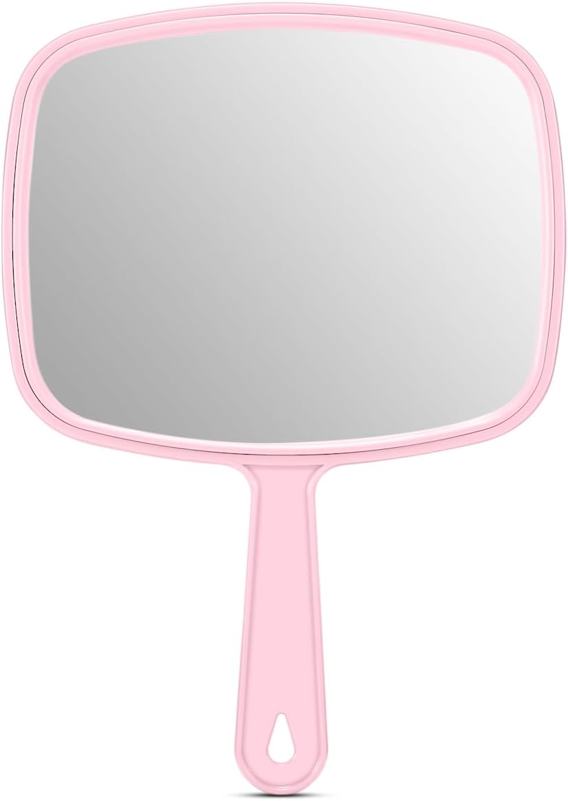PROTECLE Large Hand Mirror, Salon Barber Hairdressing Handheld Mirror with Handle (Square Pink 10.3"x7.4")