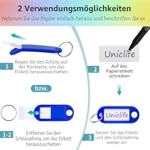 Uniclife 20er-Pack robuste Schlüsselanhänger mit geteiltem Ringetikettenfenster, 6 verschiedenen Farben