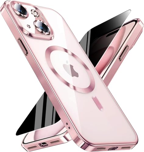 Image of Magnetic for iPhone 15 Plus Case with Privacy Screen Protector & Full Camera Cover,Compatible with MagSafe,[Non-Yellowing]Plating Soft Shockproof Clear Phone Case Women Girls for iPhone 15Plus,Pink